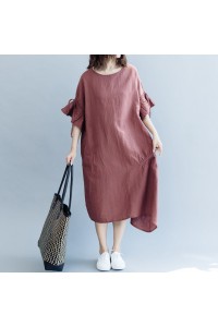 boutique burgundy cotton linen dress oversized O neck drawstring traveling clothing Fine Petal Sleeve baggy dresses