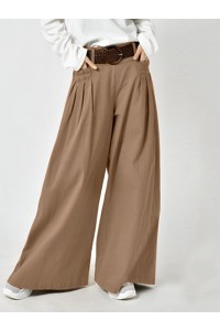 Women Solid Color Elastic Waist Pleats Wide Leg Pants With Pocket