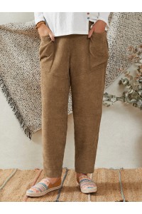 Women Khaki Corduroy Side Pockets Ankle Length Pants