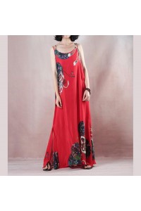 New red print holiday dress o neck sleeveless gown a silk skirts maxi dress