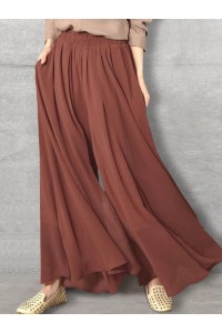 Women Solid Color Elastic Waist Loose Casual Wide Leg Pants With Pockets