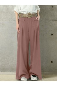 Women Solid Color Button Casual Loose Wide Leg Pants With Pocket