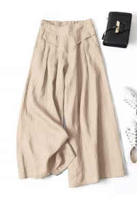Women 100  Cotton Wide Leg Side Pockets Solid Color Ankle Length Elastic Waist Pants