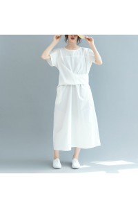 New white cotton maxi dress Loose fitting o neck Cinched traveling clothing 2018 short sleeve baggy dresses